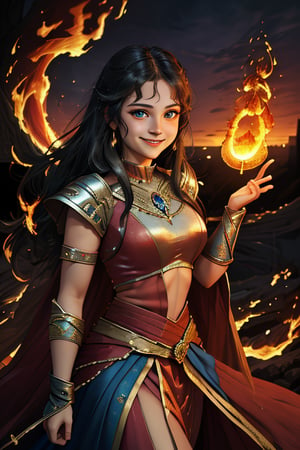  woman,,beautiful face ,smiling , warrior  ,beauty, sunset , castle, magic ,lighting, fire ,picture ,fantasy cinematic .masterpiece ,high res,