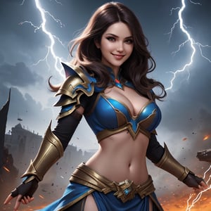 woman ,praff,detailed face, beautiful, sorceress gauntlets ,mage ,lightening ,cleavage, busty ,  ,sexy navel , smiling for picture, battlefield ,  ,masterpiece, highres,detailed, 4k, ,Masterpiece,