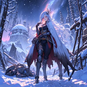 woman, beauty , smiling ,sorceress casting .divine magic , snow background , ruined  battlefield , night sky ,destroyed mountain ,apocalyptic ,,fantasy , masterpiece , sharp eyes, detailed,highres, realistic, jewelry,anime ,detailed 2k, masterpiece