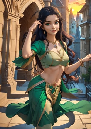 woman, beauty , smiling , .divine magic ,green elegant outfit dancer ,,   castle, sunset, ,,fantasy , masterpiece , sharp eyes, detailed,highres, realistic, jewelry,anime ,detailed face , 8k, masterpiece,anime