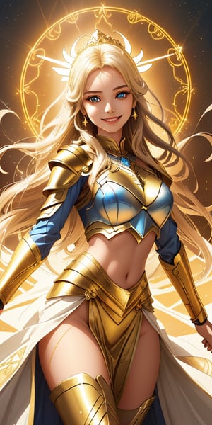 A radiant divine goddess stands victorious on a fantasy battlefield, her beautiful face aglow with a warm smile. She wears an elegant 2-piece outfit, shining like polished armor in the soft, golden lighting of magic. Her beauty is breathtakingly detailed, as if rendered in high-res glory at 3K resolution.