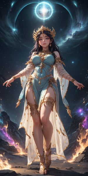 In a stunning celestial dawn scene, the divine star-born goddess descends onto a mystical realm. Framing her ethereal figure against swirling nebulae and distant stars, she stands tall, her regal pose radiating an otherworldly glow from her aura. The ancient power of lost magic emanates from her delicate fingers grasping the cosmic staff, as she bathes in ambient light that pulses with the rhythm of creation.