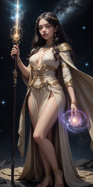 In a breathtaking dawn of time, near the edge of the galaxy where stars and galaxies coalesce, the divine goddess descends onto a mystical realm. The star-born goddess, imbued with the essence of grace, stands tall, her ethereal aura radiating an otherworldly glow. Wielding the ancient power of lost magic, she assumes a regal pose, her delicate fingers grasping the cosmic staff. Against a backdrop of swirling nebulae and distant stars, this fantasy masterpiece unfolds, as the goddess's celestial form is bathed in an ambient light that seems to pulse with the rhythm of creation itself.