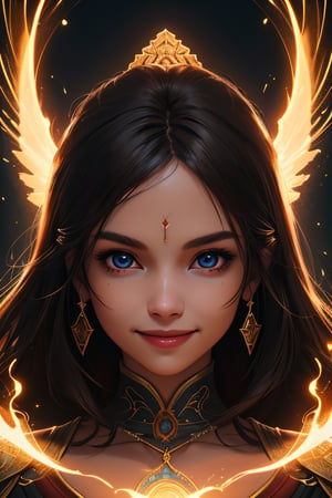 women,  beautiful face, smiling, dark warrior goddess, divine magic,lighting,cinematic .masterpiece high res ,detailed, 4k, 