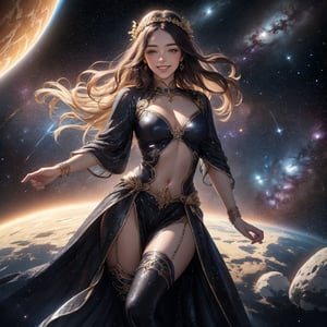 goddess ,beauty , hot ,greek goddess,2 piece , smiling ,in space ,domain over star , edge of galaxy , realistic , fantasy , ciematic masterpiece , 8k , high res