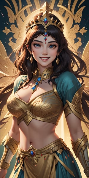 women,beautiful face, smiling , divine goddess,2 piece outfit  ,beauty ,elagant traditional princess ,fantasy battlefield,lighting magic,cinematic .masterpiece high res ,detailed, 3k 