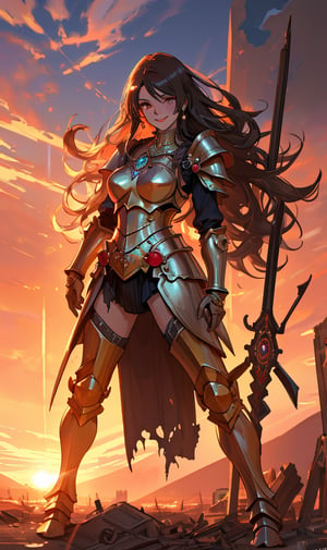 woman, beauty , smiling  , ,warrior , armour ,, magic circle in background , ruined  battlefield , sunset ,detroyed moutain ,apocalyptic ,,fantasy , masterpiece , sharp eyes, detailed,highres, realistic, jewelry,anime ,detailed 2k, masterpiece