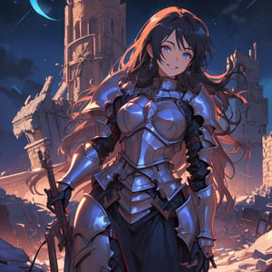 woman, beauty , smiling , .divine magic , blue 2 piece armoured knight ,, ruined  castle, night sky ,destroyed ,apocalyptic ,,fantasy , masterpiece , sharp eyes, detailed,highres, realistic, jewelry,anime ,detailed 2k, masterpiece