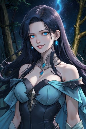 starry sky ,dark forest , ruined robot background, scifi, apocalyptic ,lightening ,background woman, kerthana ,beauty , smiling ,sorceress ,,crystal blue,bare shoulder, ,fighting , demons ,fantasy , masterpiece , sharp eyes, detailed,highres, realistic, jewelry,anime