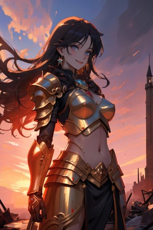 woman, beauty , smiling , .divine magic , black  2 piece armour ,, ruined  castle, sunset,destroyed ,apocalyptic ,,fantasy , masterpiece , sharp eyes, detailed,highres, realistic, jewelry,anime ,detailed face , 8k, masterpiece