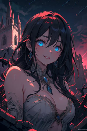 In a ravaged apocalyptic landscape, a stunning blue sorceress stands amidst the ruins of a once-majestic castle, bathed in the soft glow of the night sky. Her divine magic radiates from her sharp, piercing eyes as she smiles serenely, adorned with intricate jewelry and boasting a face so detailed it seems almost lifelike. The ruined castle's crumbling walls serve as a haunting backdrop for this 8K masterpiece, rendered in breathtaking high-resolution detail.