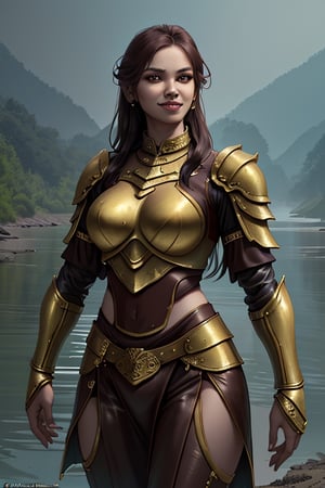 Women,  smiling, beautiful detailed face, tribal warrior , golden leather armour  , 2 piece outfit, slim fit, busty , fighting,, dark dragon, on ruined river bed,  fantasy, cinematic, 6k , masterpiece,photo realistic,Masterpiece,score_9