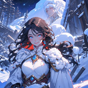 woman, beauty , smiling ,sorceress casting .divine magic , snow background , ruined  battlefield , night sky ,destroyed mountain ,apocalyptic ,,fantasy , masterpiece , sharp eyes, detailed,highres, realistic, jewelry,anime ,detailed 2k, masterpiece