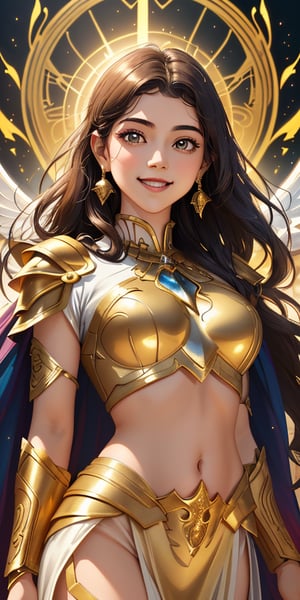 A radiant divine goddess stands victorious on a fantasy battlefield, her beautiful face aglow with a warm smile. She wears an elegant 2-piece outfit, shining like polished armor in the soft, golden lighting of magic. Her beauty is breathtakingly detailed, as if rendered in high-res glory at 3K resolution.