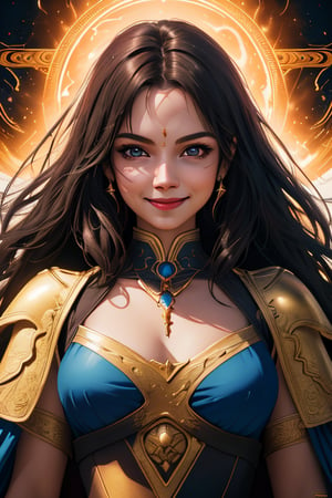 women,  beautiful face, smiling, dark warrior goddess, divine magic,lighting,cinematic .masterpiece high res ,detailed, 4k, 