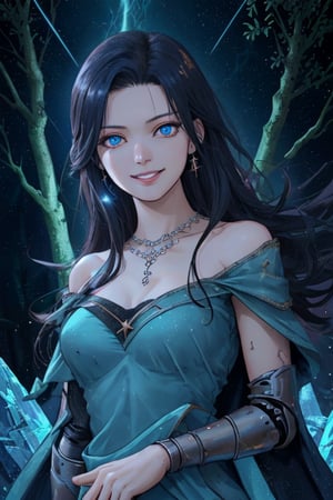 starry sky ,dark forest , ruined robot background, scifi, apocalyptic ,lightening ,background woman, kerthana ,beauty , smiling ,sorceress ,,crystal blue,bare shoulder, ,fighting , demons ,fantasy , masterpiece , sharp eyes, detailed,highres, realistic, jewelry,anime