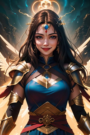 women,  beautiful face, smiling, dark warrior goddess, divine magic,lighting,cinematic .masterpiece high res ,detailed, 4k, 