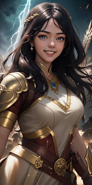 women,beautiful face, smiling , divine goddess,battlefield,lighting magic,cinematic .masterpiece high res ,detailed, 3k 