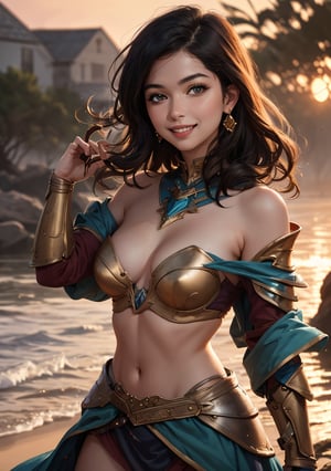 woman,,beauty, smiling, hot, 2piece ,armour,warrior ,off shoulder, lighting mage, sunset, realistic , fantasy , ciematic masterpiece , 8k , high res