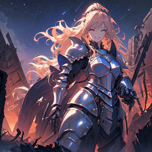 woman, beauty , smiling , .divine magic , blue 2 piece armoured knight ,, ruined  castle, night sky ,destroyed ,apocalyptic ,,fantasy , masterpiece , sharp eyes, detailed,highres, realistic, jewelry,anime ,detailed 2k, masterpiece