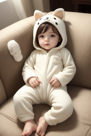 **Onesie:** A sleeping infant in a onesie onesie, lying on a plush, cream-colored couch, under a warm, golden light with a shallow depth of field.

