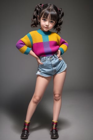 A young girl, around 11 years old, with a petite build and a mini-style, stands in alluring pose and the legs are slightly open. childish colorful wear 