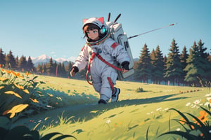 an astronaut cat walks on the meadow, cyan, white, headphones, very far far away shot