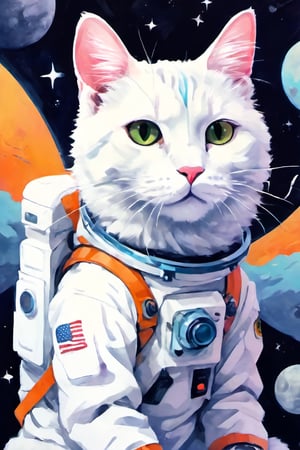 aw0k cat,colorgalaxy, cute white cat-rabbit in astronaut suit, floating the in the universe, hand holding a super 8 camera, anime, ghibli style