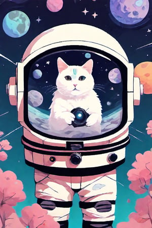 aw0k cat,colorgalaxy, cute white cat-rabbit in astronaut suit, floating the in the universe, hand holding a super 8 camera, anime, ghibli style