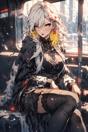 {{{{masterpiece}}}}, best quality, extremely detailed CG unity 8k wallpaper, cinematic lighting, thin red lips, a girl sitting on in a bus, upper body, red pupils, {{{{long Straight white hair}}}}, ((yellow eyes that have lost their hazy)), muddy light, black and white dress, lace black long skirt, long black thigh stockings, Metropolitan Background, 8k, UHD, HDR,(Masterpiece:1.5), (best quality:1.5)