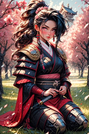 High quality, masterpiece, 1 girl, sole female, long straight black hair in a ponytail, pink eyes, white samurai armor, kneeling in a cherry orchard with a katana at her side