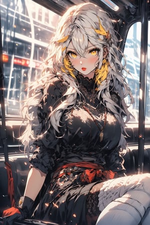 {{{{masterpiece}}}}, best quality, extremely detailed CG unity 8k wallpaper, cinematic lighting, thin red lips, a girl sitting on in a bus, upper body, red pupils, {{{{long Straight white hair}}}}, ((yellow eyes that have lost their hazy)), muddy light, black and white dress, lace black long skirt, long black thigh stockings, Metropolitan Background, 8k, UHD, HDR,(Masterpiece:1.5), (best quality:1.5)