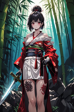 1girl, solo, short hair, bangs, black hair, gloves, long sleeves, holding, jewelry, closed mouth, standing, collarbone, weapon, earrings, outdoors, japanese clothes, sword, wide sleeves, kimono, off shoulder, hair bun, holding weapon, sash, tattoo, holding sword, obi, single hair bun, katana, sheath, nature, red gloves, forest, bamboo, leg tattoo, bamboo forest