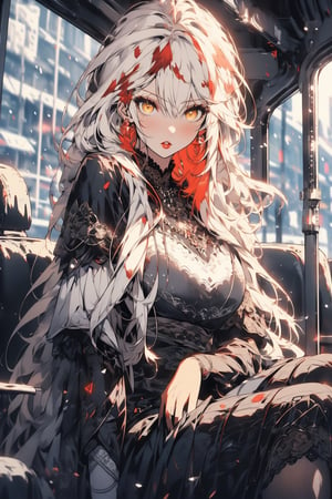 {{{{masterpiece}}}}, best quality, extremely detailed CG unity 8k wallpaper, cinematic lighting, thin red lips, a girl sitting on in a bus, upper body, red pupils, {{{{long Straight white hair}}}}, ((yellow eyes that have lost their hazy)), muddy light, black and white dress, lace black long skirt, long black thigh stockings, Metropolitan Background, 8k, UHD, HDR,(Masterpiece:1.5), (best quality:1.5)