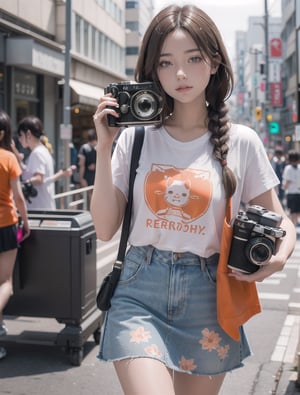 korean woman, long light brown hair, smilling:1.4, ((holding an old camera)), ((face behind her camera, as taking a picture of the viewer)), ,  wearing a white braid skirt, orange t-shirt with a print on it, medium shot, tokyo street background, blurry background, sunny day, highest quality, ((photo-realistic))