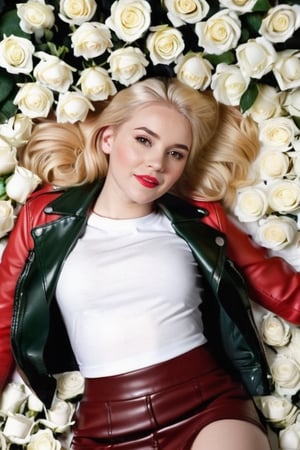 ((masterpiece)), ((insane quality)), ((photorealistic)), Girl lying down on a bunch of white roses, 23 year old, kind smile blonde hair, beautiful emerald eyes, kind smile, wearing a red short leather jacket, plastic red short skirt, red dr martens boots, mid plan view, perfection, correct proportions, studio warm lighting, high constrast highest quality, front view