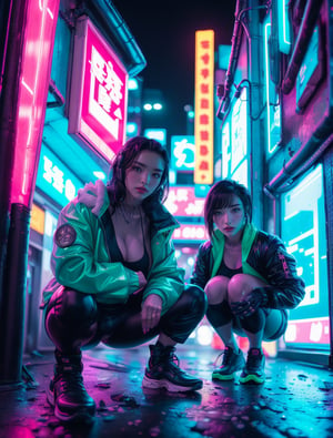 Black hair girl, crouched:1.5, looking at the viewer, picking up a coin from the ground: 1.1, ((opened cyberpunk stylized jacket:1.2)), ((green neon jacket)), front body view, ((black shoes)), ((correct proportions)), cyberpunk street background, ((night)), strong colors, ((high contrast)), amazing shot, ((wide shot))
