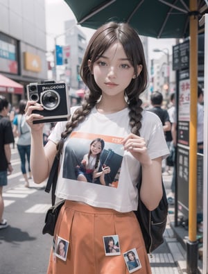 korean woman, long light brown hair, ((smilling)), ((taking a picture of the viewer)), ((holding a polaroid camera)), wearing a white braid skirt, orange t-shirt with a print on it, medium shot, tokyo street background, blurry background, sunny day, highest quality, ((photo-realistic))