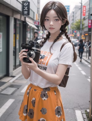 korean woman, long light brown hair, smilling:1.3, ((taking a picture of the viewer)), ((holding an old camera)), wearing a white braid skirt, orange t-shirt with a print on it, medium shot, tokyo street background, blurry background, sunny day, highest quality, ((photo-realistic))