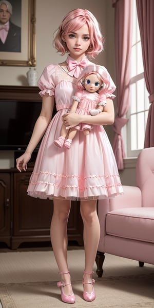 Masterpiece, highest resolution,1 girl, 18 year old, holding a doll, ((wearing a pink doll dress: 1.5)), royal clothing: 1.1, ((pink hair)), bow tie in the neck: 1.3, full body view: 1.3, front view, ((doll shoes)),   delicate face: 1.4, ((holding a rag doll)), living room background, Realistic