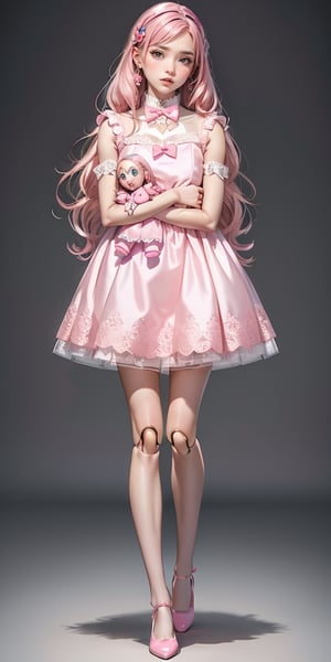 Masterpiece, highest resolution,1 girl, 18 year old ((wearing a pink doll dress: 1.5)), royal clothing: 1.1, ((pink hair)), bow tie in the neck: 1.3, full body view: 1.3, front view, ((doll shoes)),   delicate face: 1.4, ((holding a rag doll)),Realistic