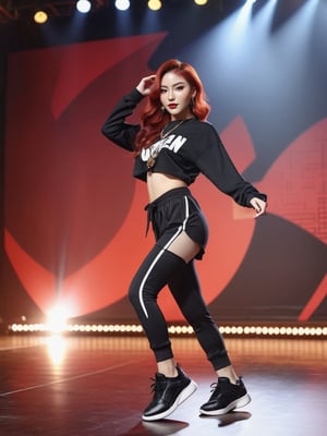a girl dancing, ((korean)), she has hiphop clothes, (((wearing black modern shoes))), dance pose: 1.9, dance stage background: 1.8, ((1 girl)), tied red hair, 8k resolution, highest quality, amazing shot, full body view, frontal body, (((warm light background))), perspective, (((masterpiece))), ((best shot)), ((insane details)), ,DonMRun3Bl4d3,facial expression