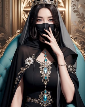 ((Masterpiece)), ((Photorealistic)), Beautiful Woman, a queen sitting down on her throne, ((22 year old)), dark hair, wearing a mask, ((grey eyes)), a tiara on her head, ((black nails)), black hood, highest resolution, close shot, amazing, frontal view