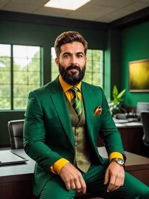 (((Masterpiece))),(Highest Quality), ((Vivid colors)), a man, looking to the viewer, ((wearing a dark green suit)), ((a golden tie)), (((golden chains: 1.3))), ((confident look)), short brown hair, ((dark eyes)), serious face, head towards to front: 1.6, ((sitting down on a armchair)), ((big black beard)), a golden ring on the finger, (((dark green pants))), ((MEDIUM SHOT)), ((some parts are in the shadown, and some under a warm sunlight)), ((dark background)), dramatic light: 1.6, (high contrast), ((warm light)), (((Realistic style))), ((hand up to the middle of the image)), ((elegant feeling)), ((green-golden office background))