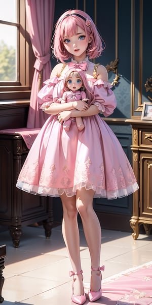 Masterpiece, highest resolution,1 girl, 18 year old ((wearing a pink doll dress: 1.5)), royal clothing: 1.1, ((pink hair)), bow tie in the neck: 1.3, full body view: 1.3, front view, ((doll shoes)),   delicate face: 1.4, ((holding a rag doll))