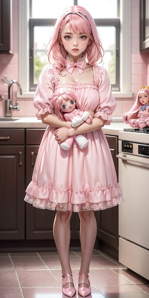 Masterpiece, highest resolution,1 girl, 18 year old ((wearing a pink doll dress: 1.5)), royal clothing: 1.1, ((pink hair)), bow tie in the neck: 1.3, full body view: 1.3, front view, ((doll shoes)),   delicate face: 1.4, ((holding a rag doll)), kitchen backgorund, Realistic