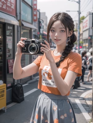 korean woman, long light brown hair, smilling:1.3, ((taking a picture of the viewer)), ((holding an old camera)), wearing a white braid skirt, orange t-shirt with a print on it, medium shot, tokyo street background, blurry background, sunny day, highest quality, ((photo-realistic))
