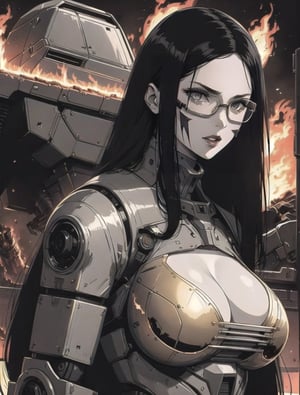 a girl, ((wearing a reflexive black mask)), ((25 year old)),  korean, ((long black hair)), threatening eyes, wearing a golden futuristic space costume with golden details: 1.8, ((black glasses)), ((looking at the viewer)), ((two giant robot with a threatening appearence: 1.3), front view, frontal body, ((american plan shot)), (((big flames in the background))), ((intricate details))