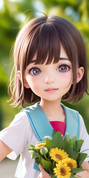 ((6year old girl:1.5)), ((Portrait)),1girl, loli, petite girl,  whole body, children's body, beautiful shining body, bangs,((darkbrown hair:1.3)),high eyes,(aquamarine eyes), petite,tall eyes, beautiful girl with fine details, ((Beautiful and delicate eyes,Beautiful eyes:1.4)), detailed face, natural light,((realism: 1.2 )), dynamic far view shot,cinematic lighting, perfect composition, by sumic.mic, ultra detailed, official art, masterpiece, (best quality:1.3), reflections, extremely detailed cg unity 8k wallpaper, detailed background, masterpiece, best quality , (masterpiece), (best quality:1.4), (ultra highres:1.2), (hyperrealistic:1.4), (photorealistic:1.2), best quality, high quality, highres, detail enhancement, ((very short hair:1.4)),
((tareme,animated eyes, big eyes,droopy eyes:1.2)),((random expression)),,random Angle,((school uniform:1.4)),((thick eyebrows:1.1)),perfect,((manga like visual)),((little girl with a bouquet of flowers:1.4)),perfect light, ((light smile:1.4))