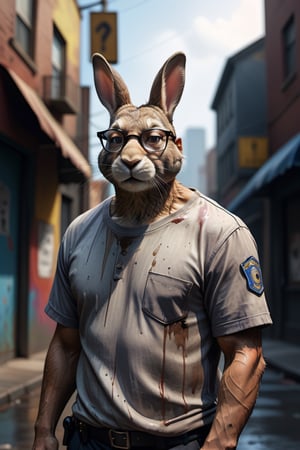 Cinematic photo rabbit wearing a T-shirt, wearing glasses, dressed in the style of the poor person. policeman standing in the back, Real photography, high definition, film noir atmosphere. Hyperrealistic, splash art, concept art, mid shot, intricately detailed, color depth, dramatic, 2/3 face angle, side light, colorful background